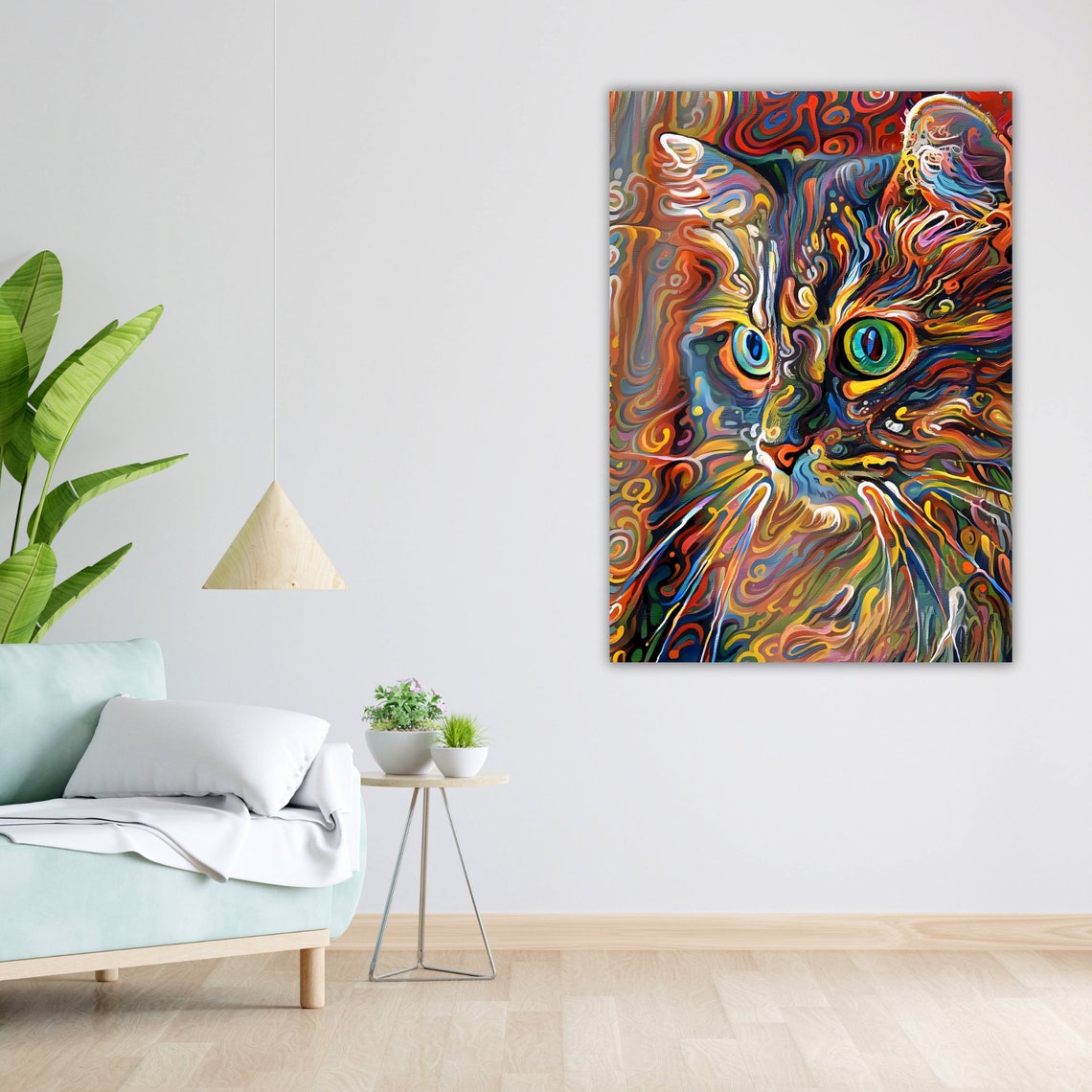 Psychedelic Cat Face Rainbow Swirl Green Eyes Whimsical Feline Poster - Image 3