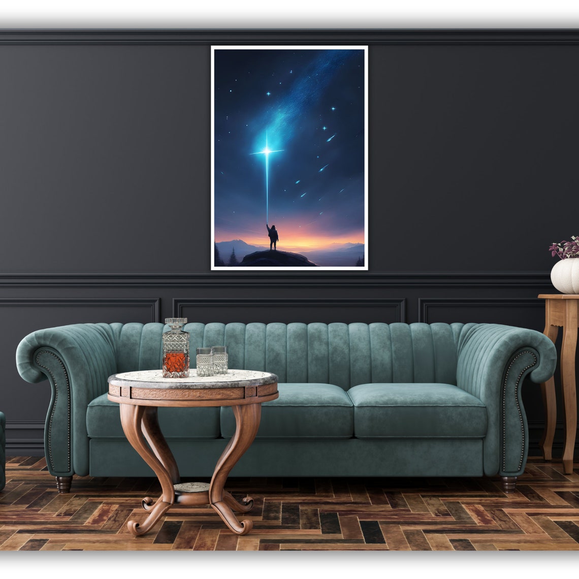Starry Night Cross Beacon Mountain Figure Celestial Fantasy Art Poster - Image 4