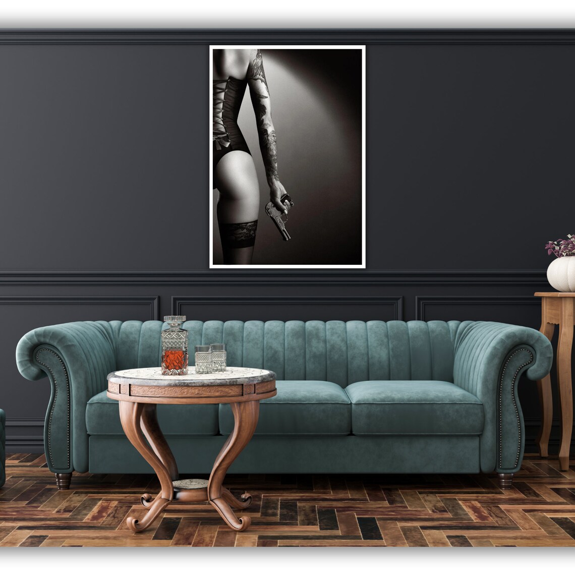 Tattooed Woman Corset Pistol Monochrome Noir Nude Art Print Poster - Image 2