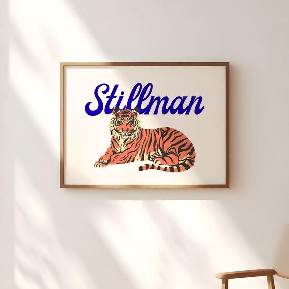 Stillman Tigers Cartoon Mascot Blue Script College Fan Poster