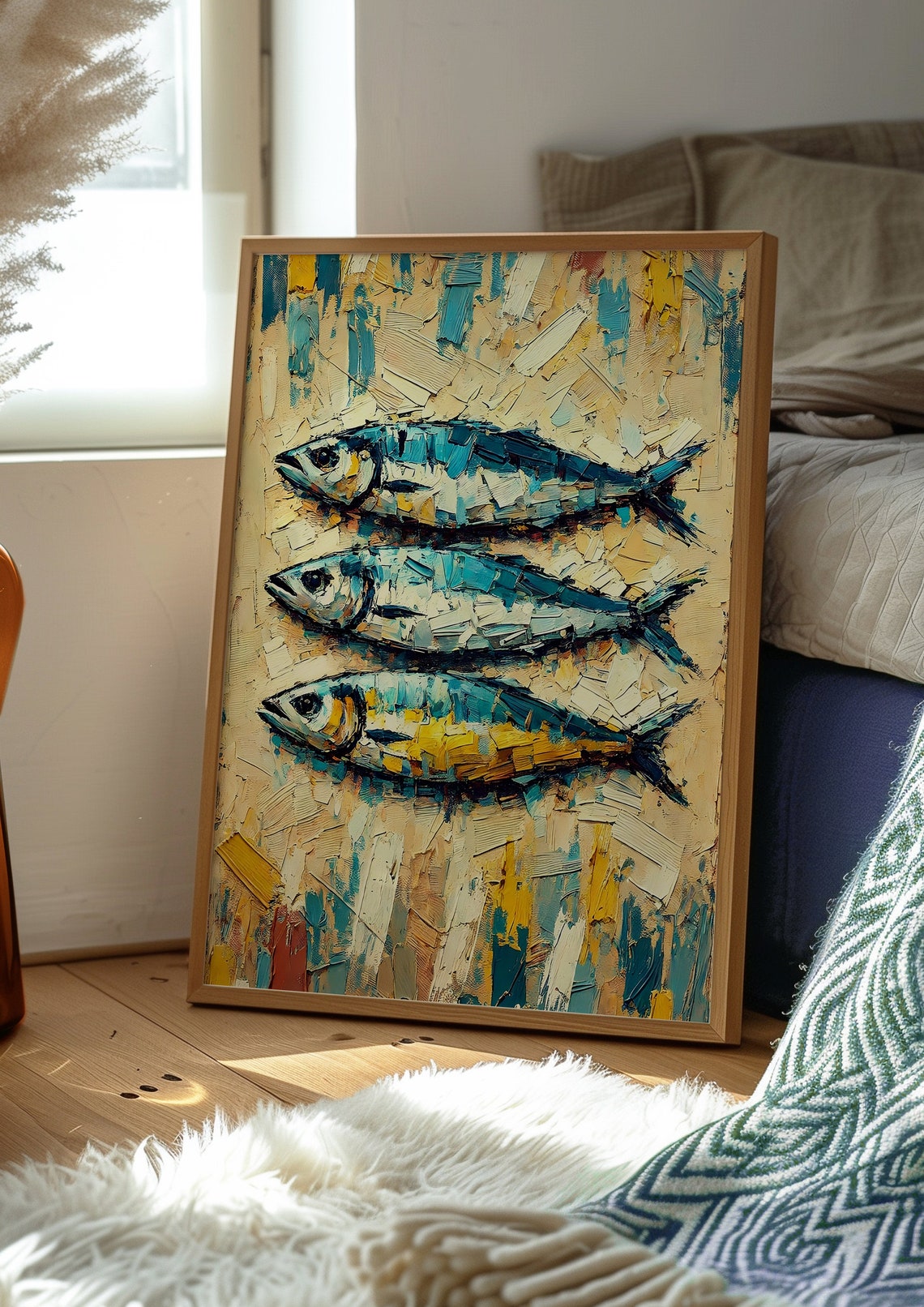 Three Sardines Impasto Oil Painting In Blue Kitchen Art Poster - Image 4