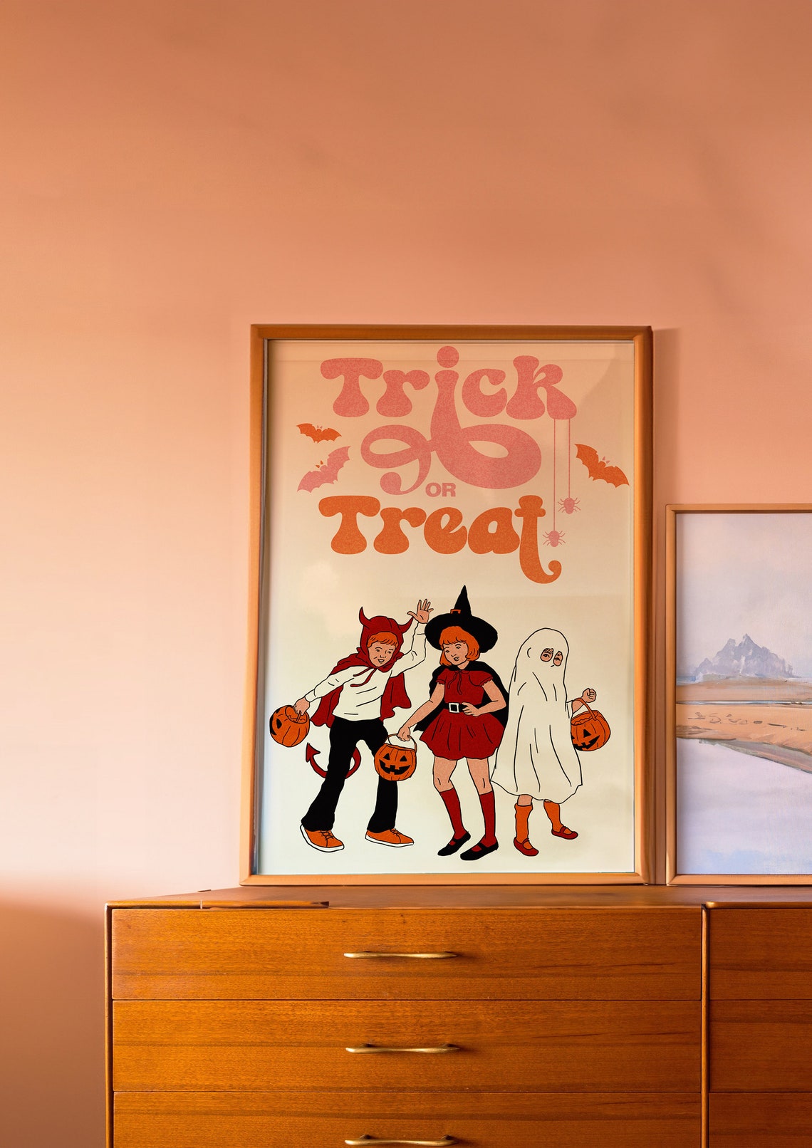 Retro Trick Or Treat Halloween Poster Pink Orange Kids Costume Decor - Image 3