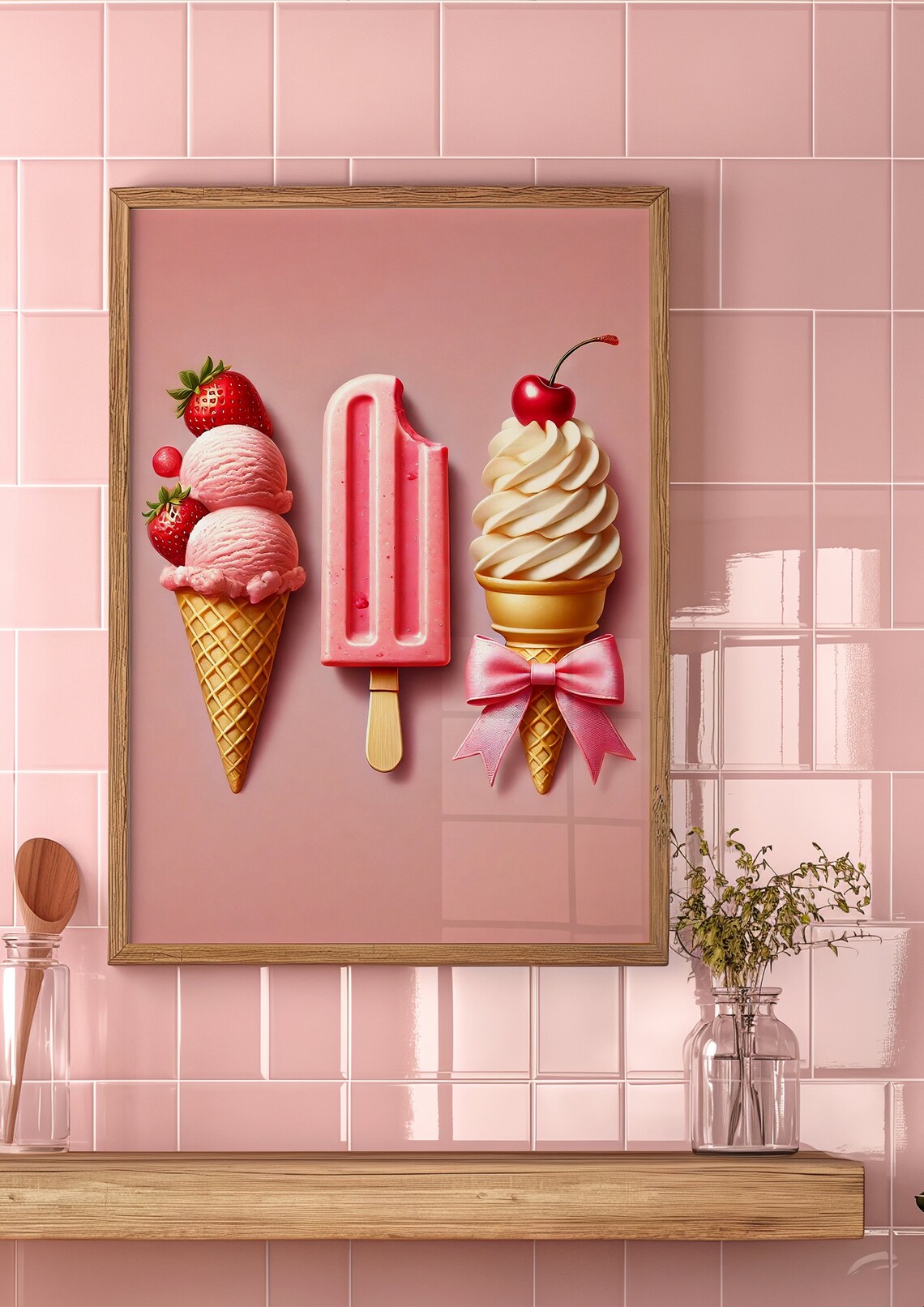 Pink Strawberry Ice Cream Trio Cute Summer Sweet Dessert Poster - Image 4