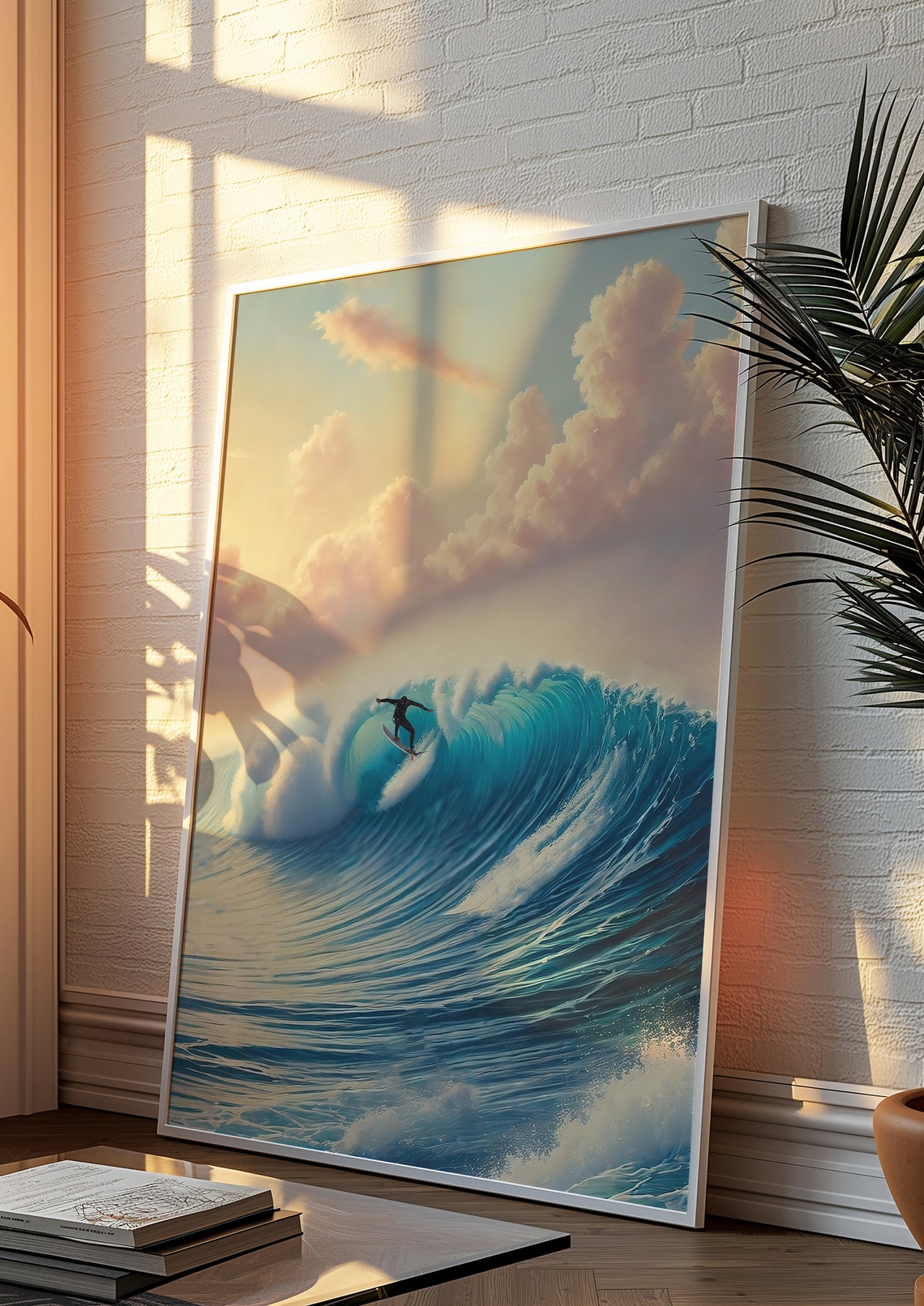 Surfer Riding A Giant Turquoise Wave At Sunrise Surf Art Poster - Image 2