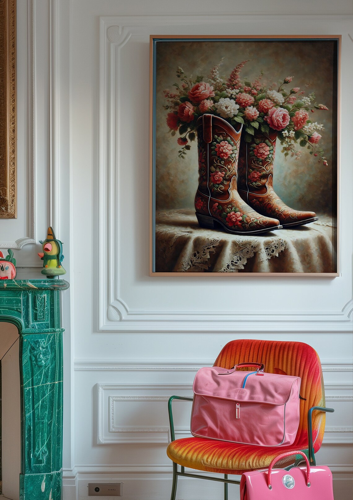 Floral Cowboy Boots Pink Roses Lace Table Vintage Western Art Poster - Image 3