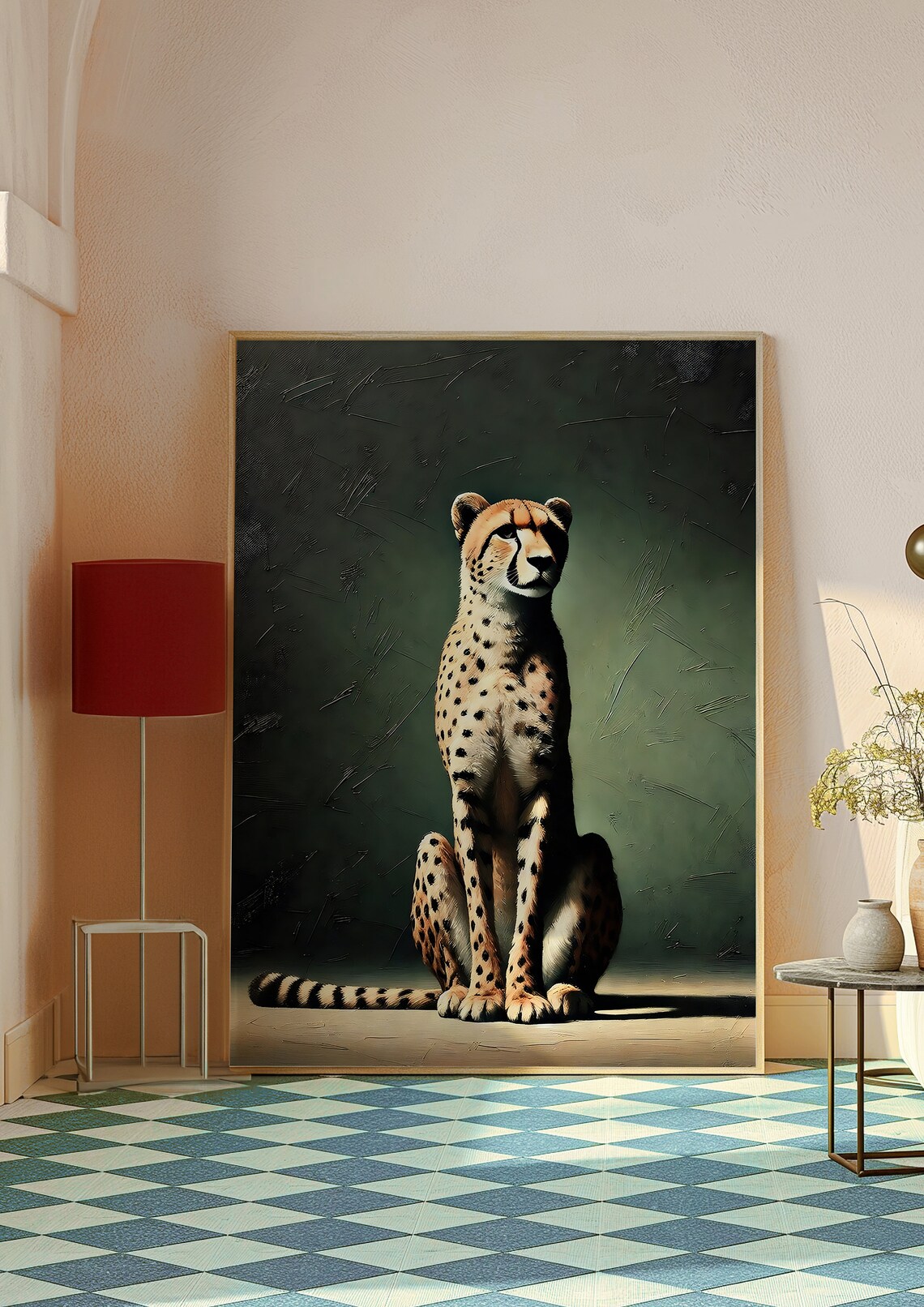 Regal Seated Cheetah Portrait On Dark Green Wildlife Art Poster - Image 4