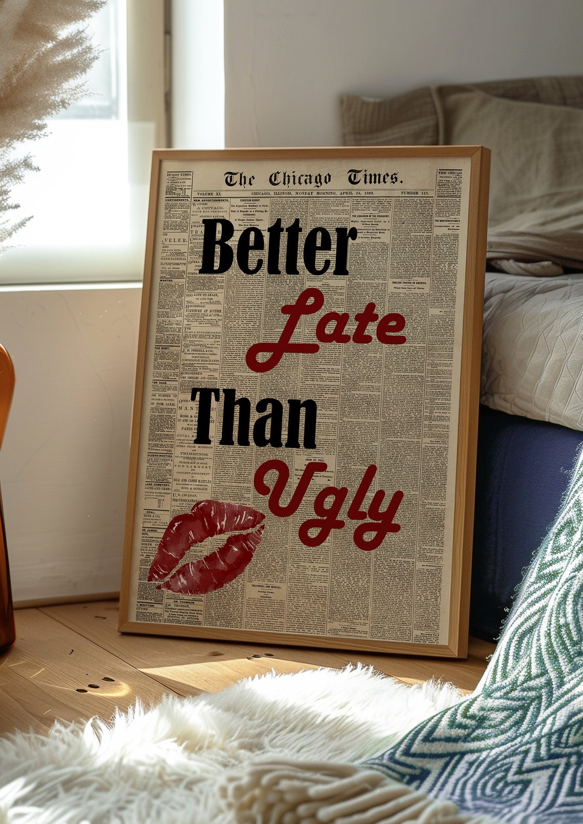 Better Late Than Ugly Vintage Newspaper Red Lips Quote Poster - Image 2