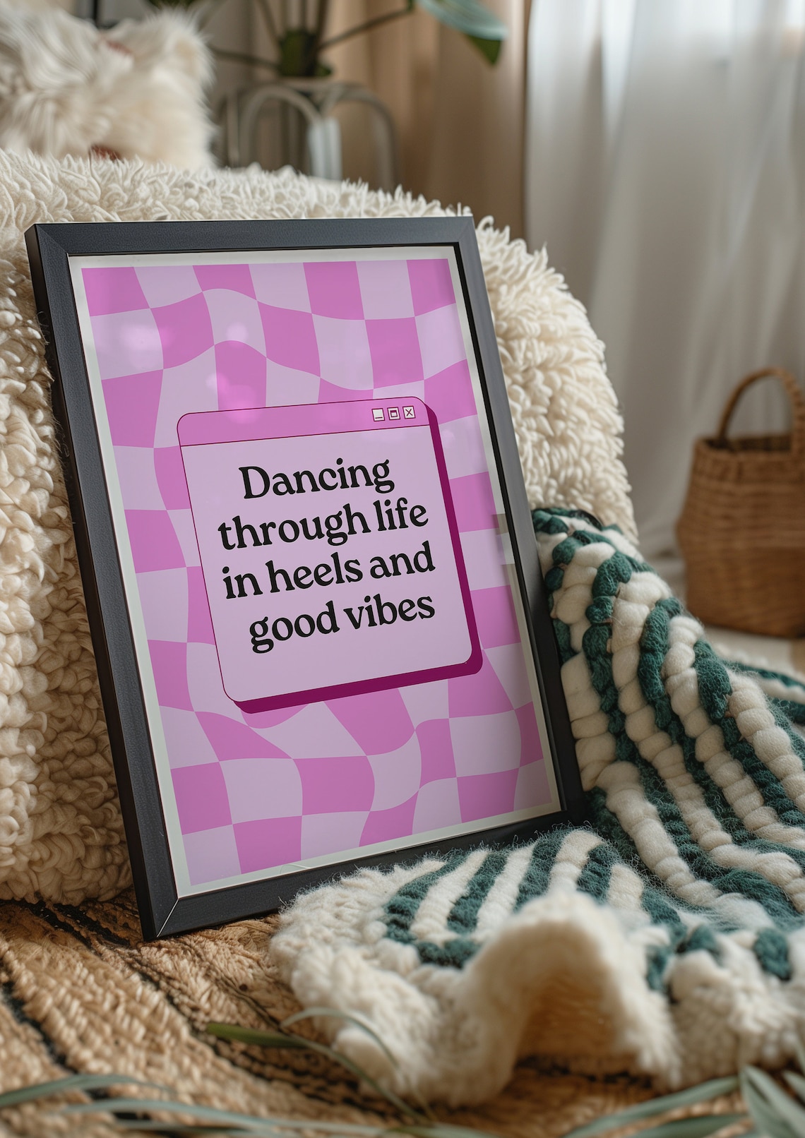 Dancing Through Life in Heels and Good Vibes Pink Checkered Quote Poster - Image 2