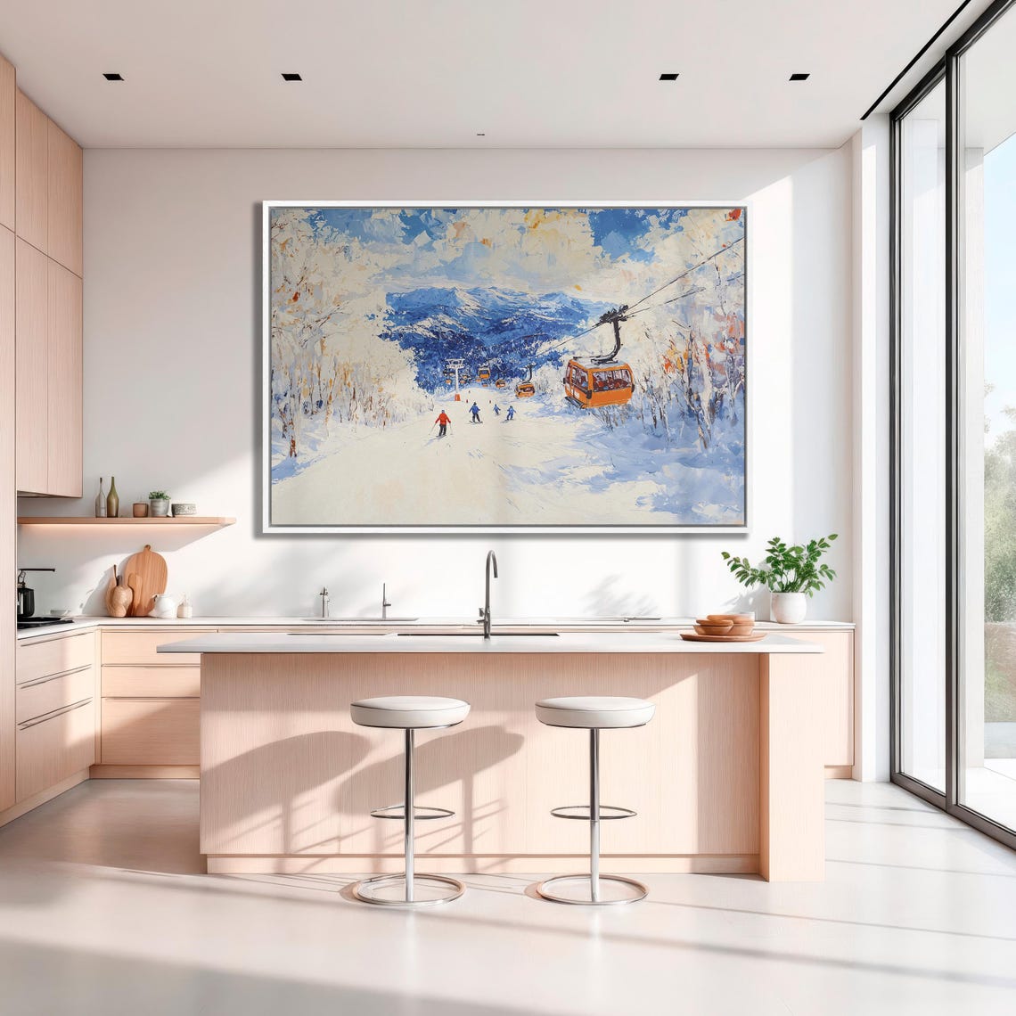 Orange Gondolas Over Ski Slope with Blue Mountains Impasto Poster - Image 3