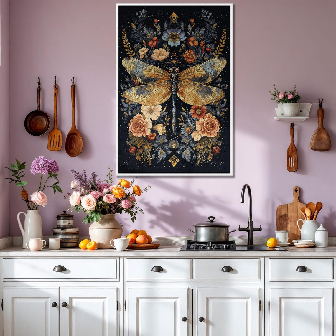 Golden Dragonfly With Ornate Rose Wreath Night Garden Poster - Image 3