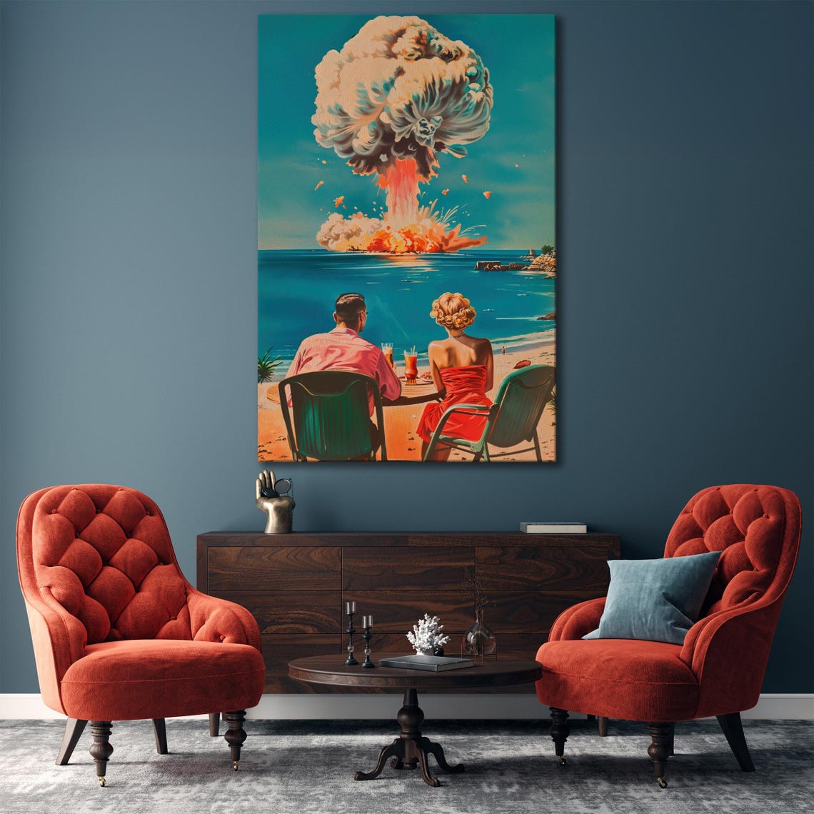 Surreal Retro Couple Watching Beach Mushroom Cloud Art Poster - Image 5