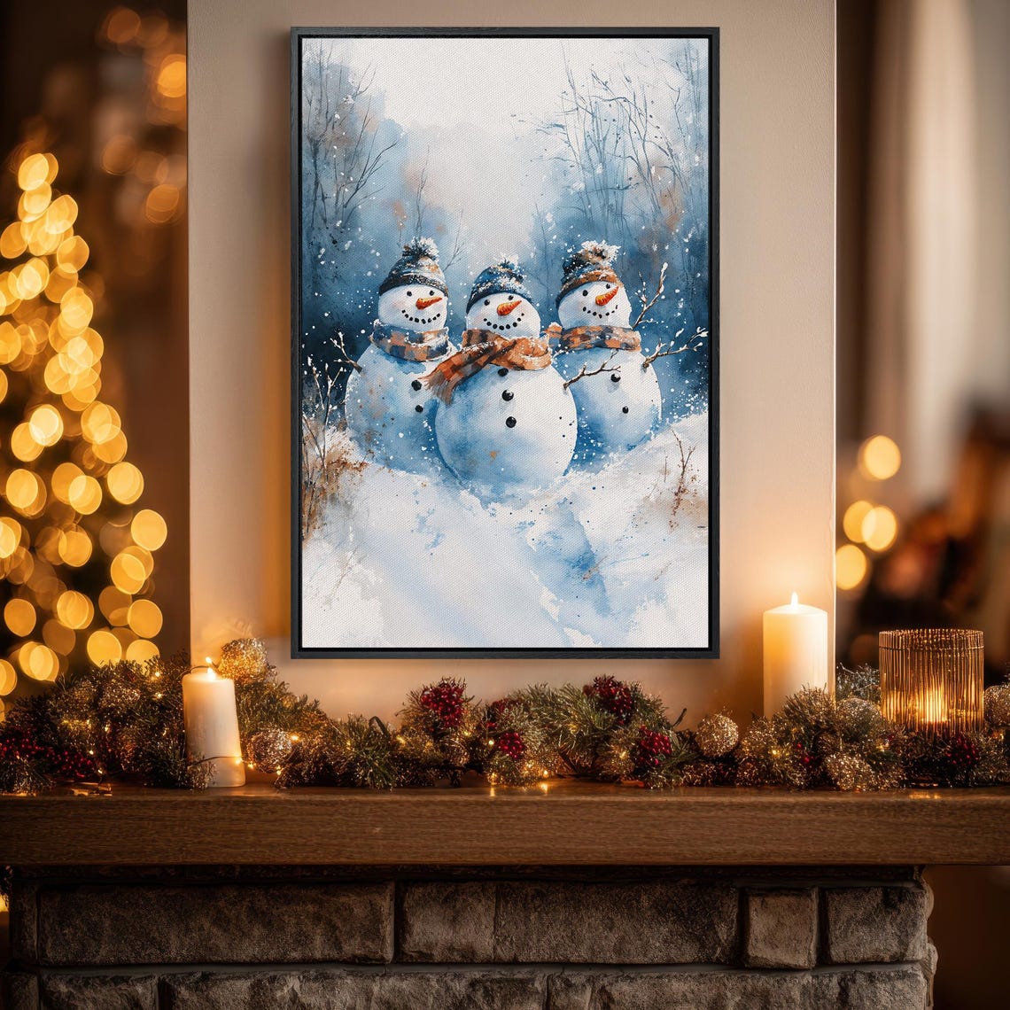 Three Snowmen Watercolor Snowy Pine Woods Scene Christmas Poster