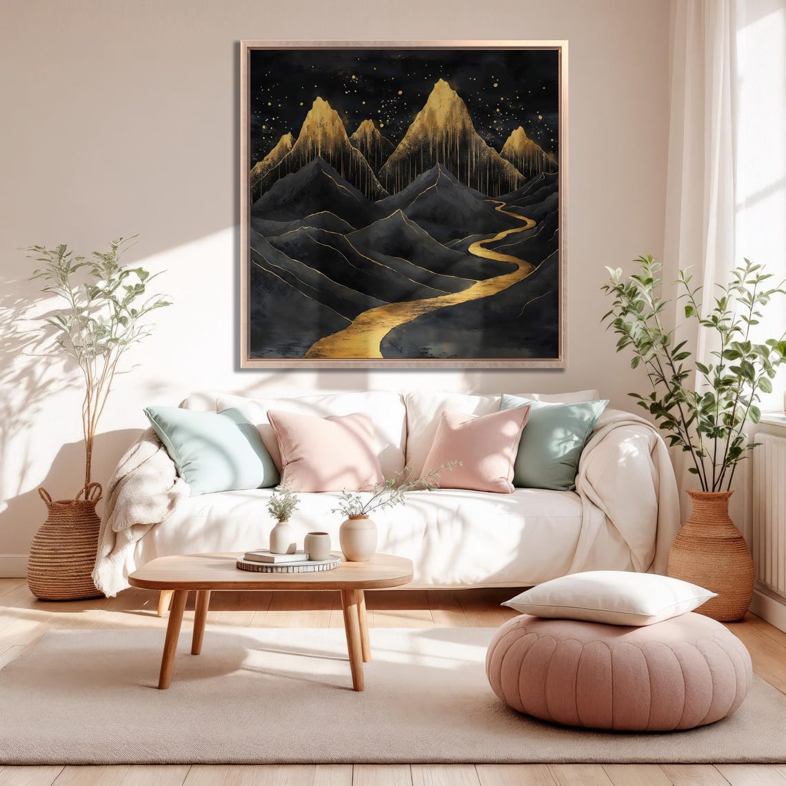 Black And Gold Mountain Peaks With Golden River Night Poster - Image 2