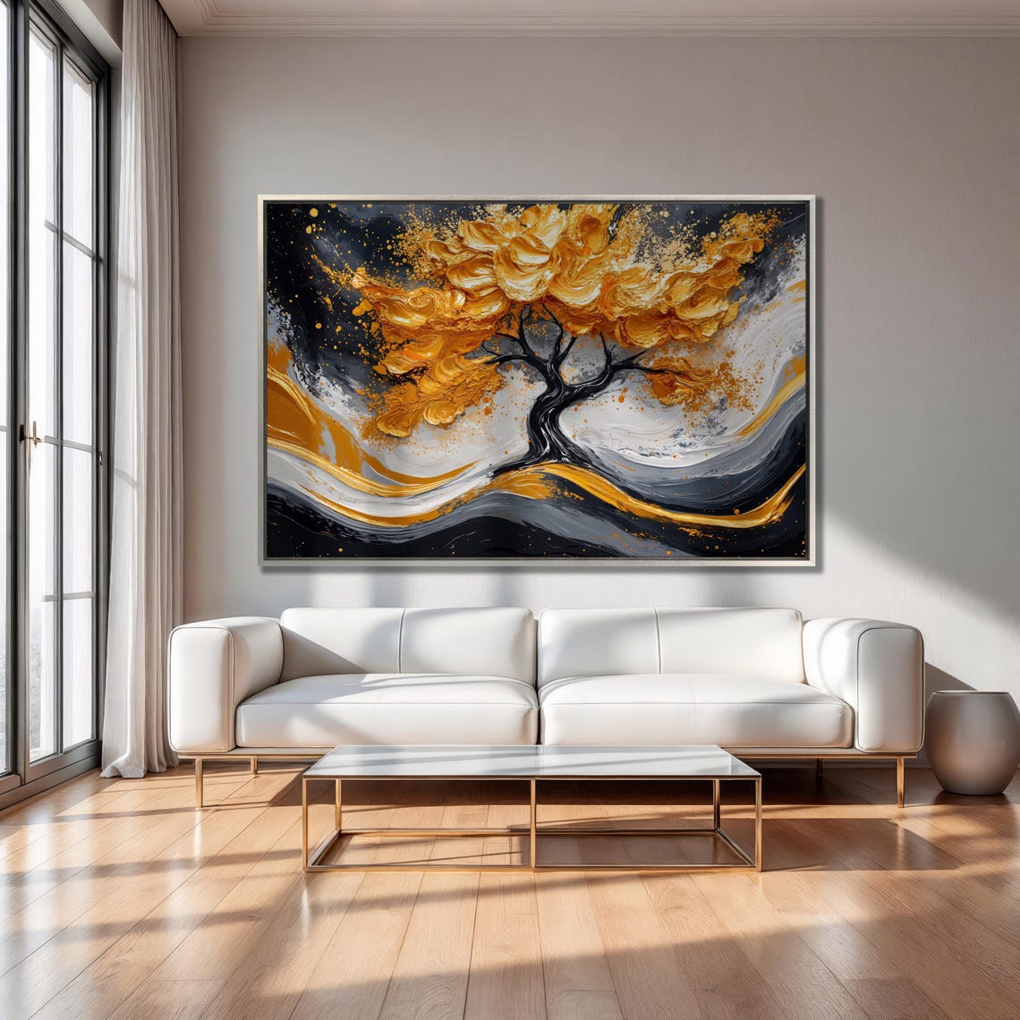 Impasto Golden Tree on Black White Swirl Dramatic Luxury Art Poster - Image 2