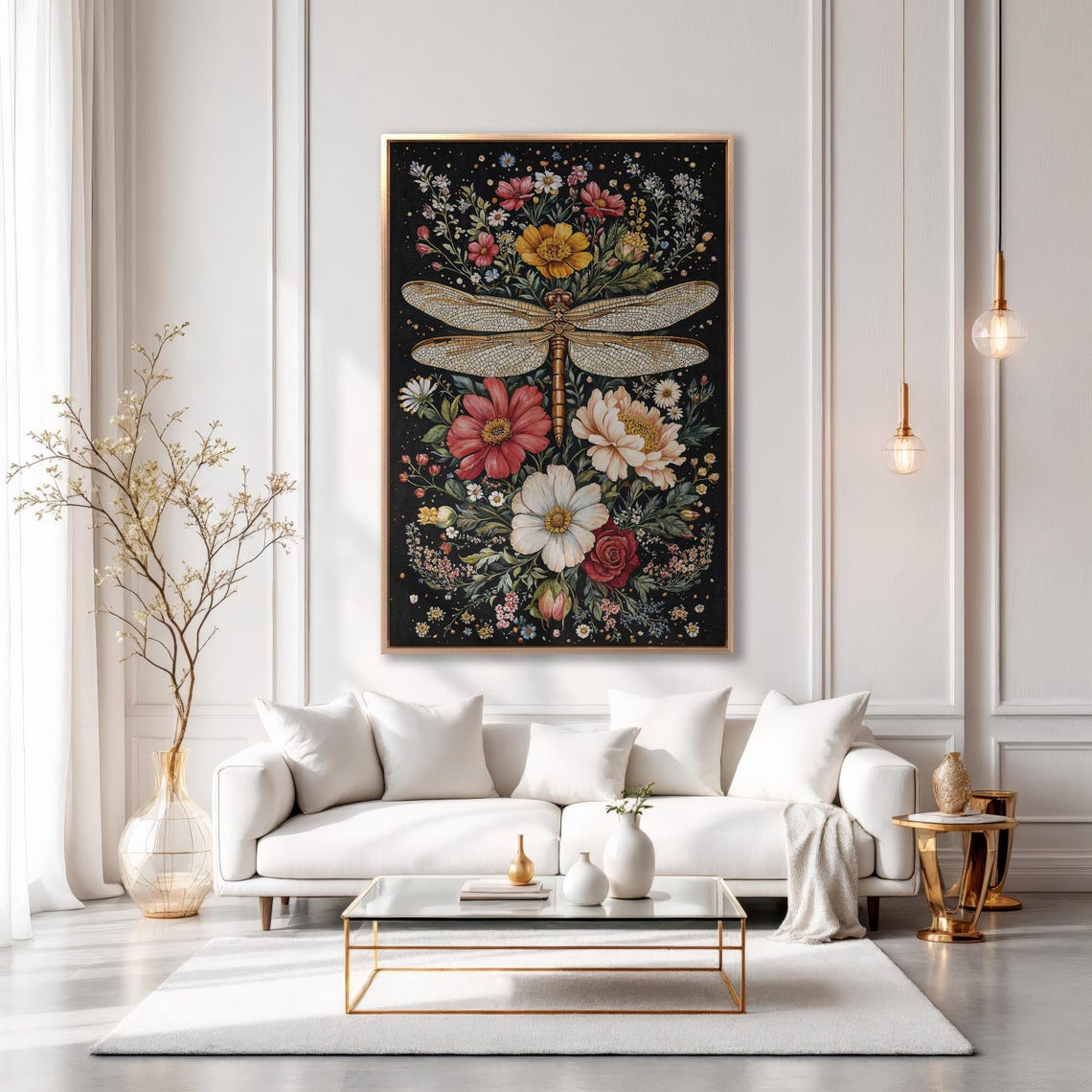 Golden Dragonfly Hovering Over a Lush Flower Bouquet on Black Poster - Image 6
