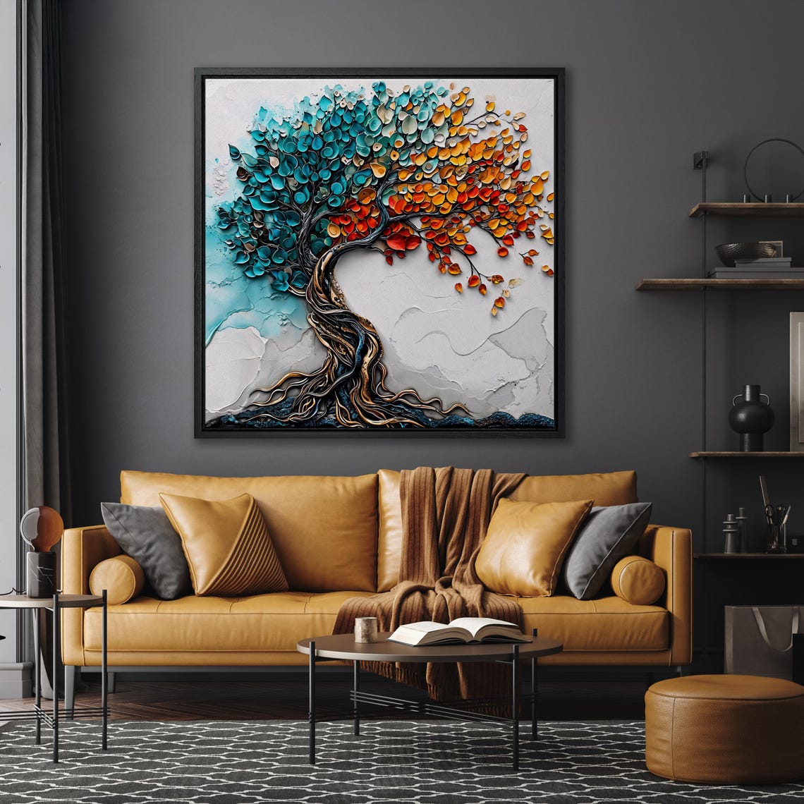 Tree of Life Teal Orange Leaves 3D Impasto Textured Painting Poster - Image 4