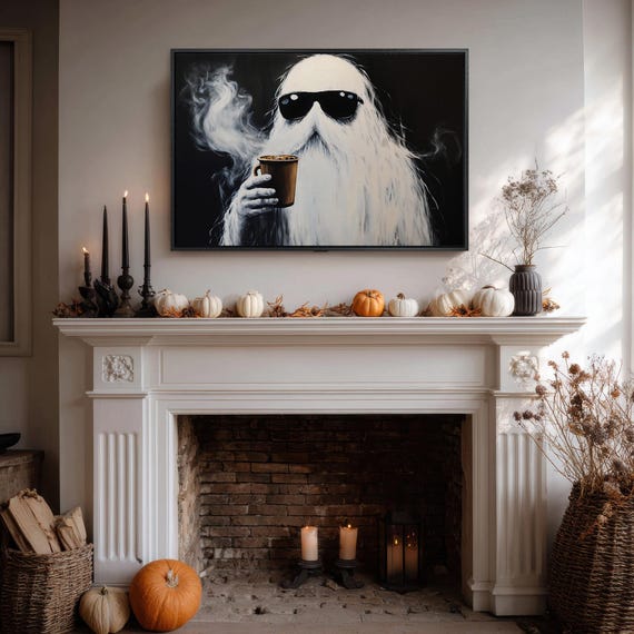 White Bearded Ghost In Sunglasses Holding Coffee Halloween Spooky Poster