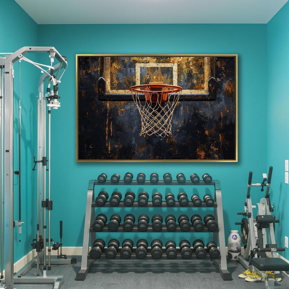 Basketball Hoop Close Up On Dark Blue And Gold Grunge Poster - Image 3