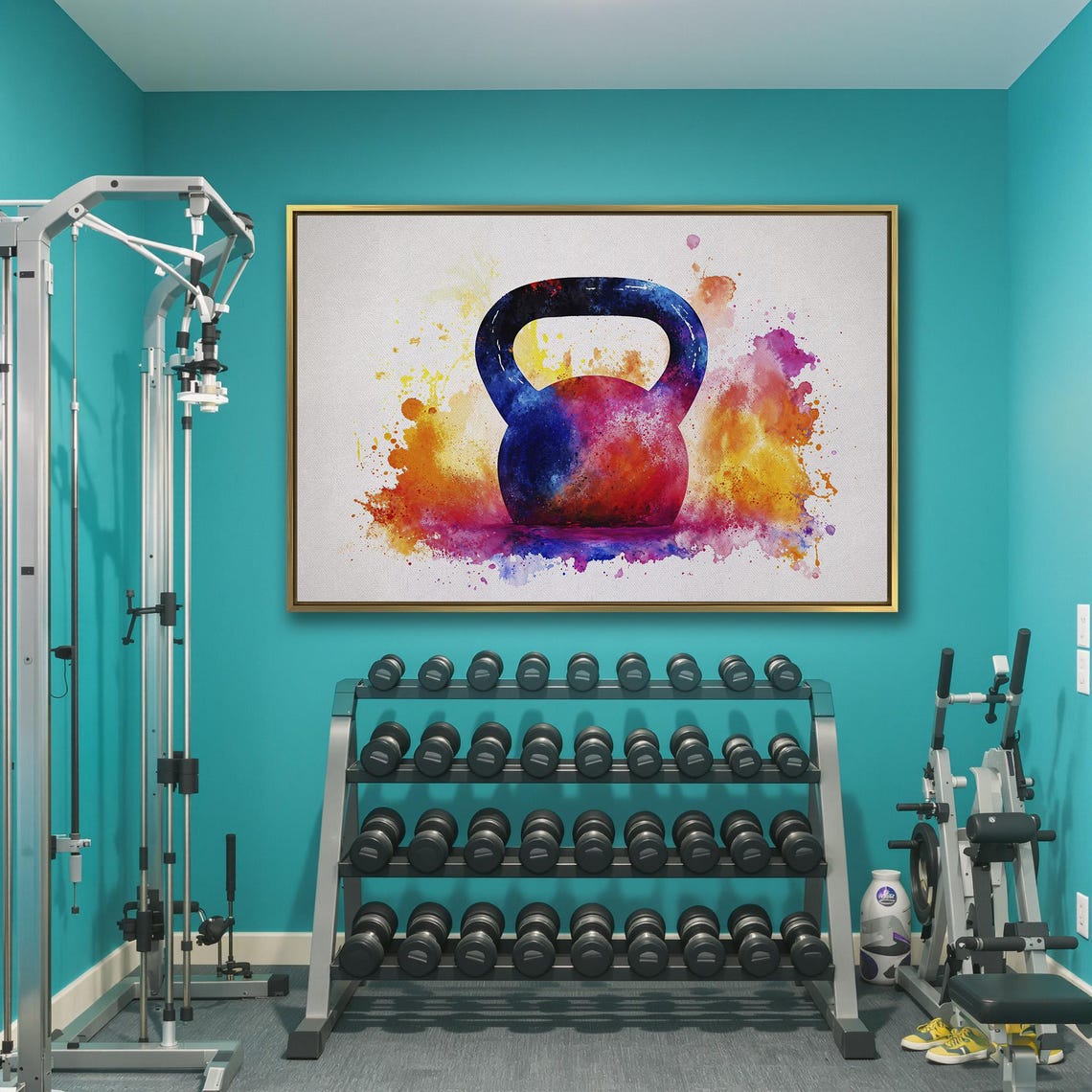Watercolor Kettlebell In Pink Orange And Purple Splash Poster - Image 3