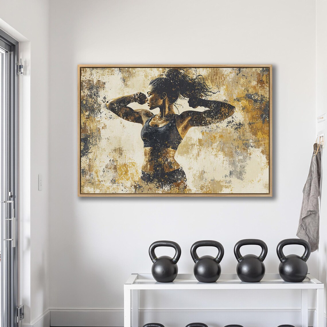 Fit Woman Holding Boxing Stance On Black Gold Abstract Poster - Image 2