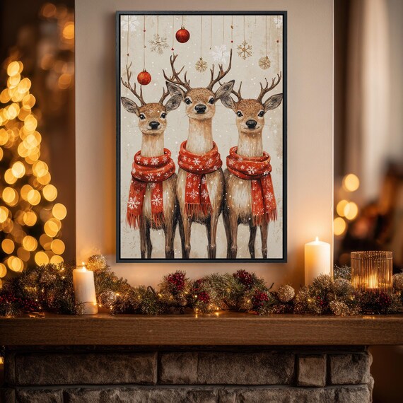 Three Reindeer In Red Scarves Christmas Ornaments Holiday Poster
