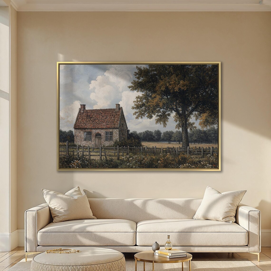 Old Stone Cottage With Red Tile Roof and Rustic Fence Poster - Image 2