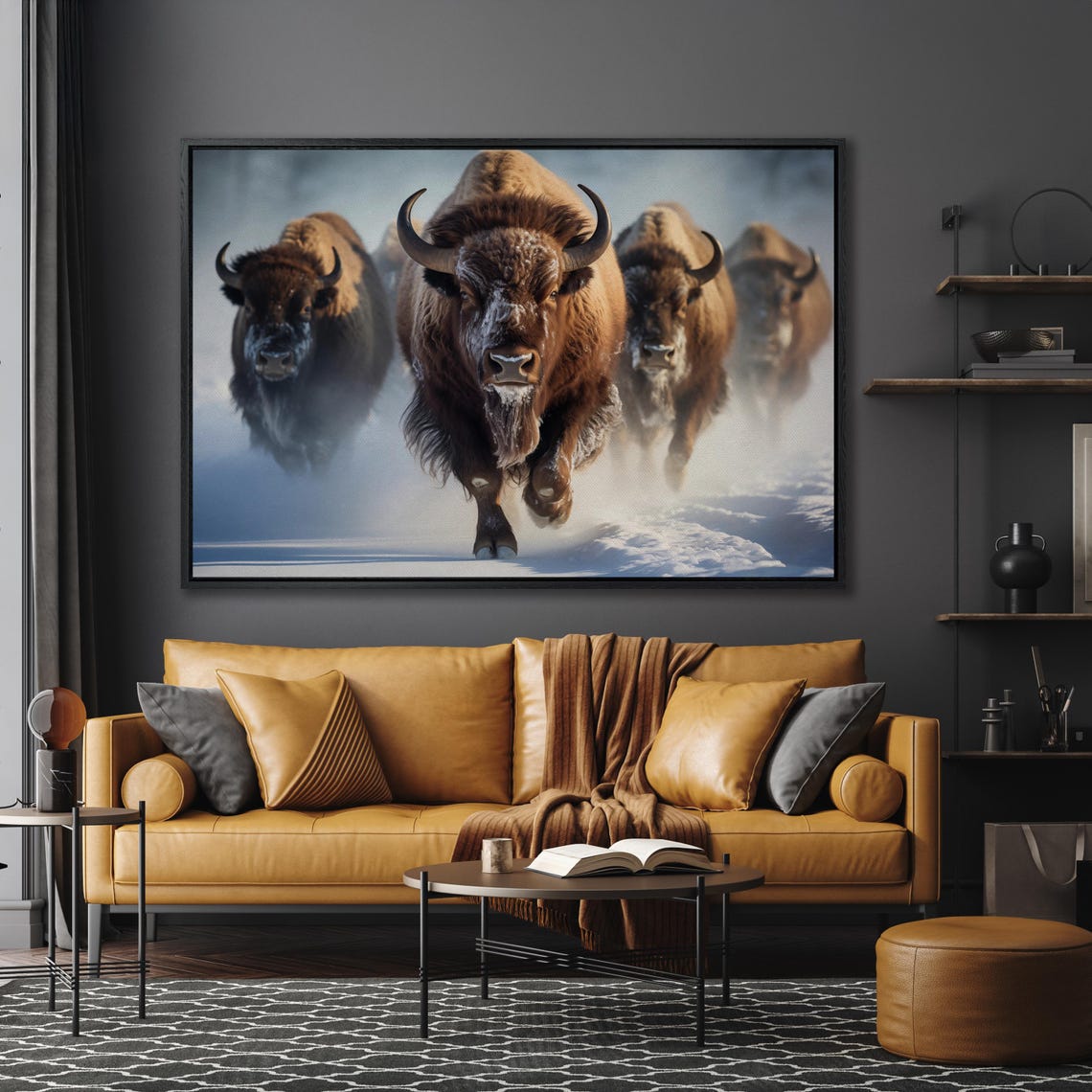 Bison Herd Charging Through Snow Rustic Winter Wildlife Wall Art - Image 5