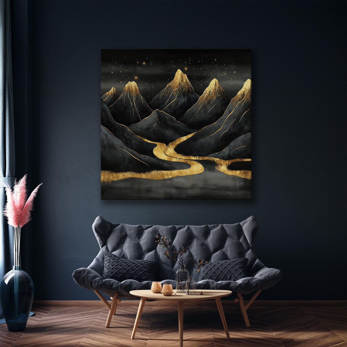 Starry Night Black Mountain Peaks with Golden River Valley Poster - Image 5