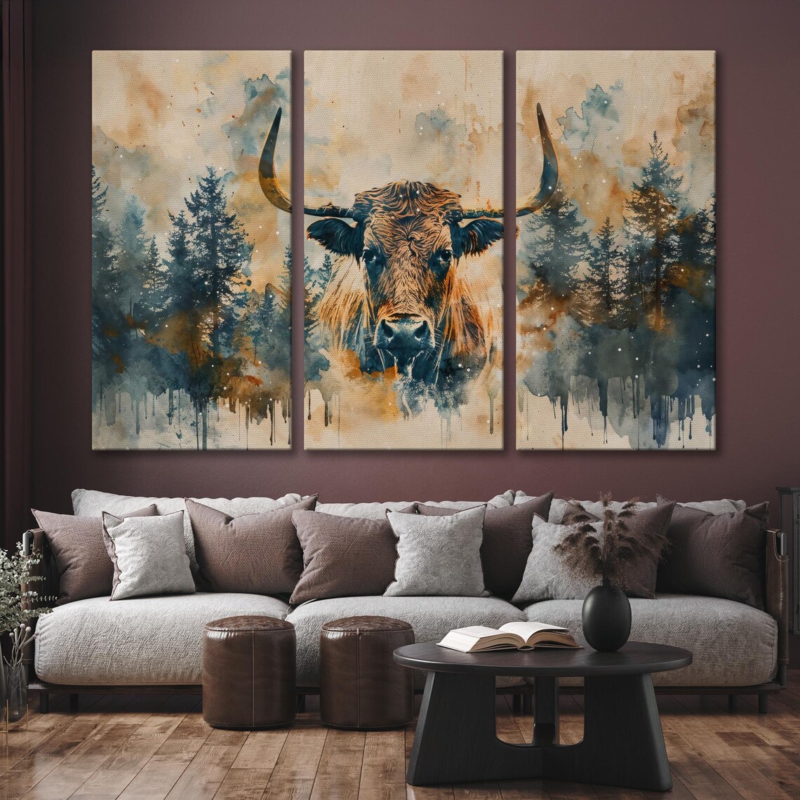 Watercolor Highland Cow Emerging From Pine Forest Wilderness Poster - Image 6
