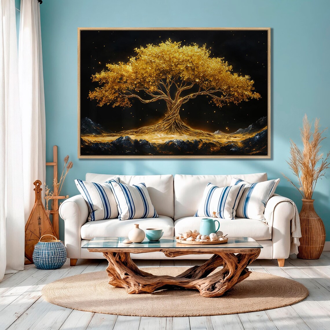 Golden Tree of Life Under Starry Night Sky Mystical Art Poster - Image 2
