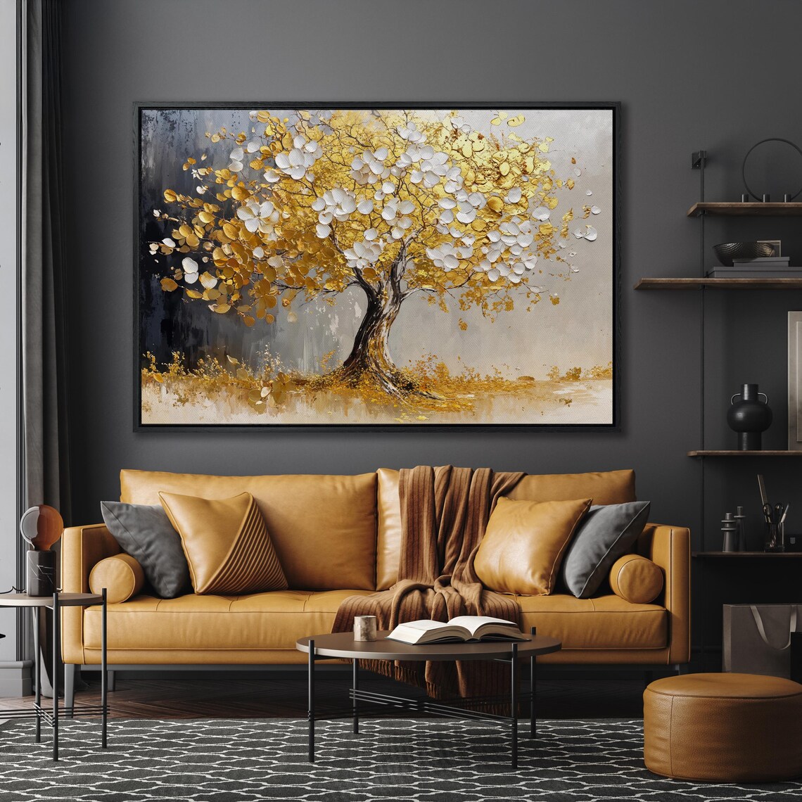 Golden Tree Of Life Painting Gold White Leaves Gray Art Poster - Image 5
