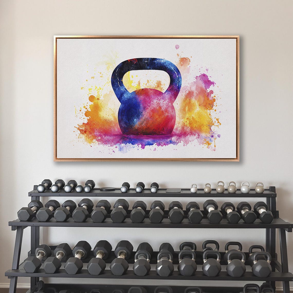 Watercolor Kettlebell In Pink Orange And Purple Splash Poster - Image 4