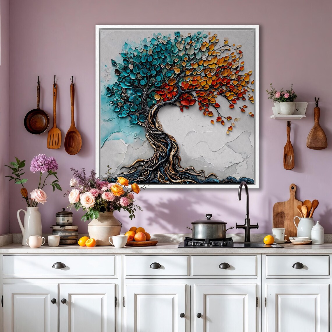 Tree of Life Teal Orange Leaves 3D Impasto Textured Painting Poster - Image 5
