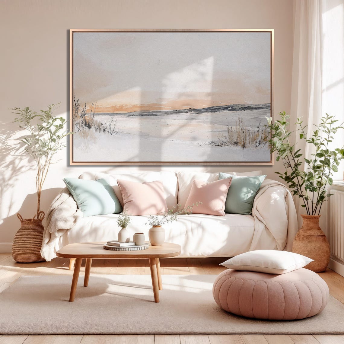 Soft Blush Sunset Over Minimal Snowy Lakeshore Abstract Poster - Image 5