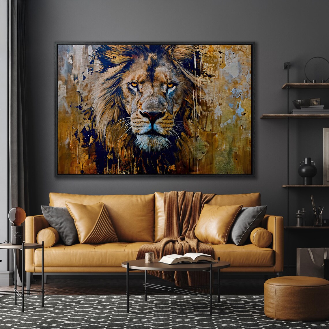 Lion Portrait Golden Brushstrokes Amber Eyes Wildlife Wall Art - Image 4