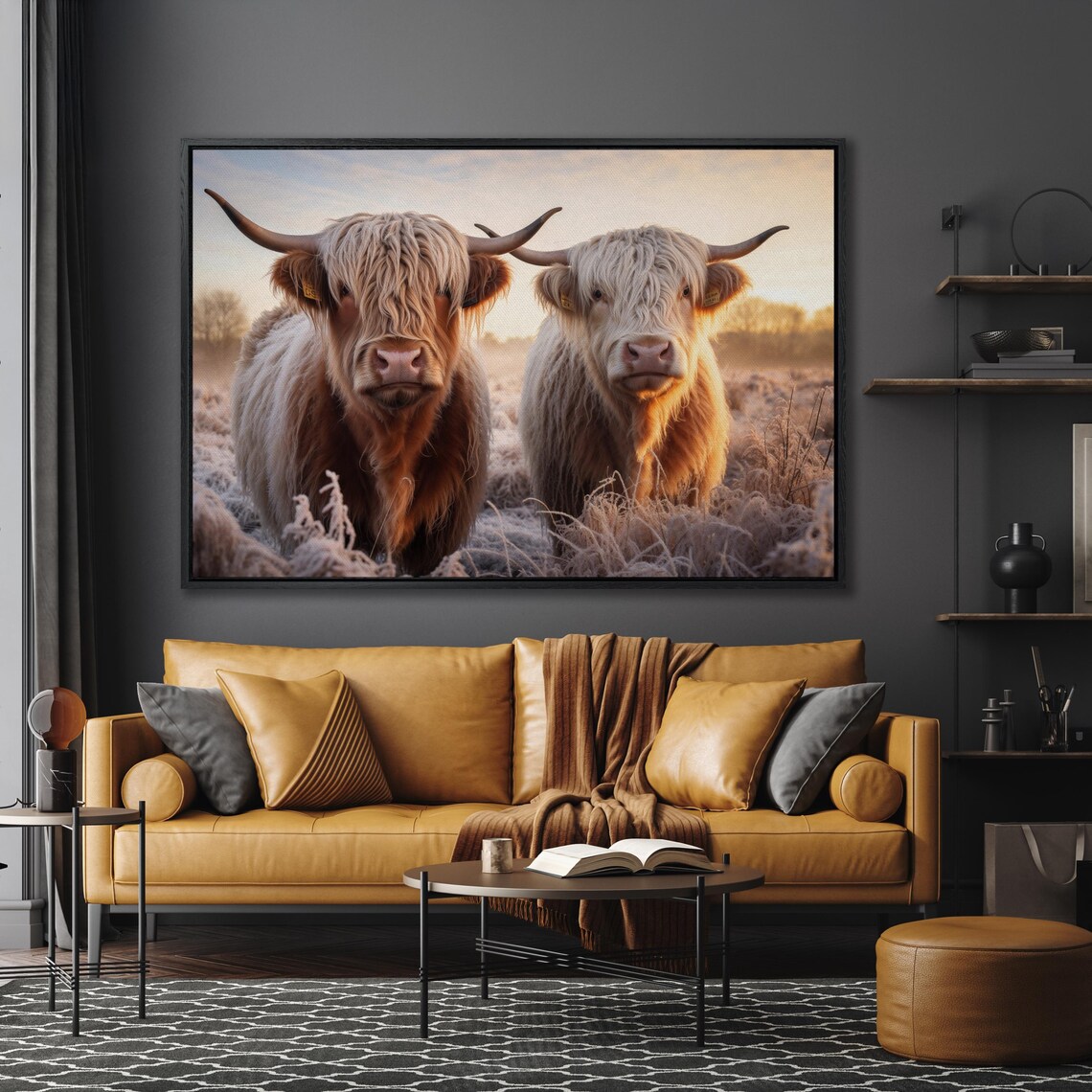 Two Highland Cows In Frosty Sunrise Field Farmhouse Wall Art - Image 4