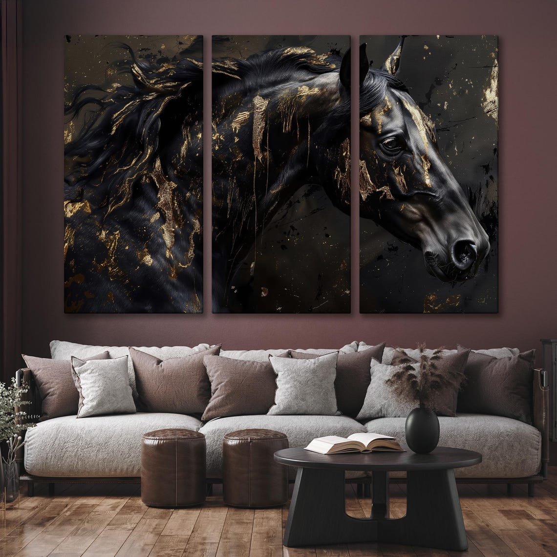 Black Horse Close Up With Gold Paint Drips Noble Equine Poster - Image 6
