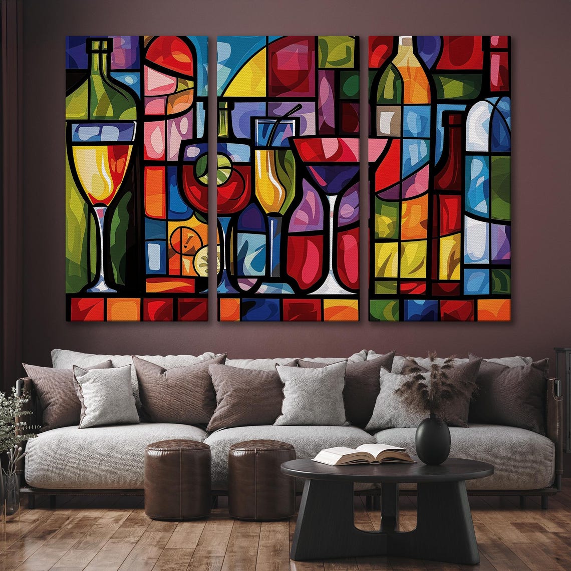 Stained Glass Cocktail Bar With Wine Bottles And Martini Print - Image 6