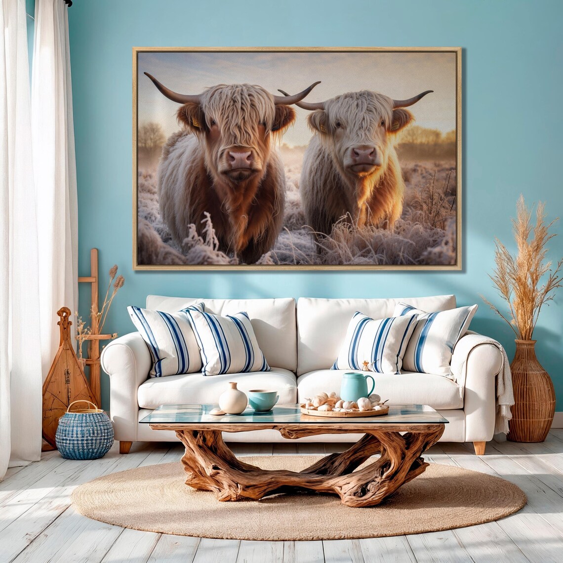 Two Highland Cows In Frosty Sunrise Field Farmhouse Wall Art - Image 6