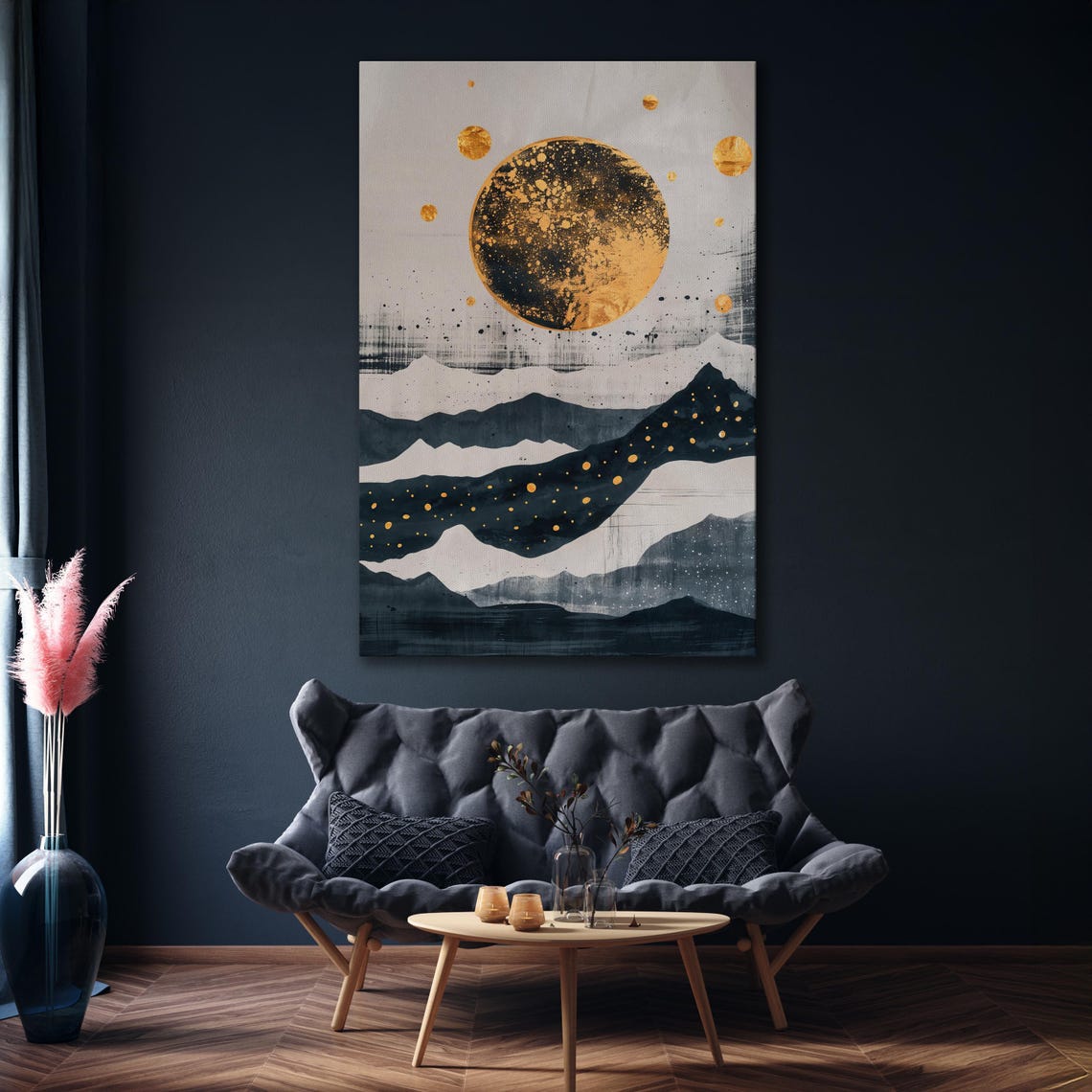 Golden Moon Painting Print Abstract Layered Mountains Wall Art Celestial Theme Poster Vertical Minimalist Decor Ready To Hang - Image 4