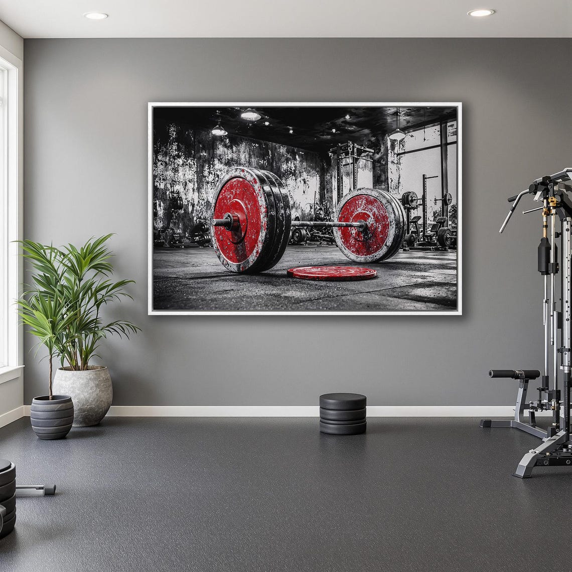 Red Barbell Plates In Black And White Grunge Gym Photo Poster - Image 5