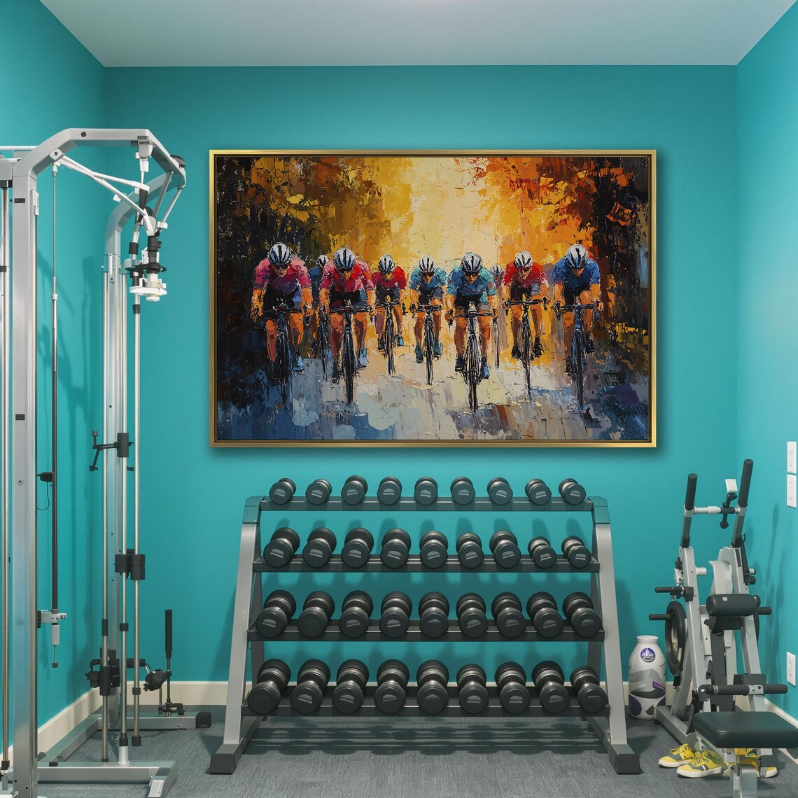 Colorful Peloton Cycling Race Painting with Golden Background Poster - Image 3
