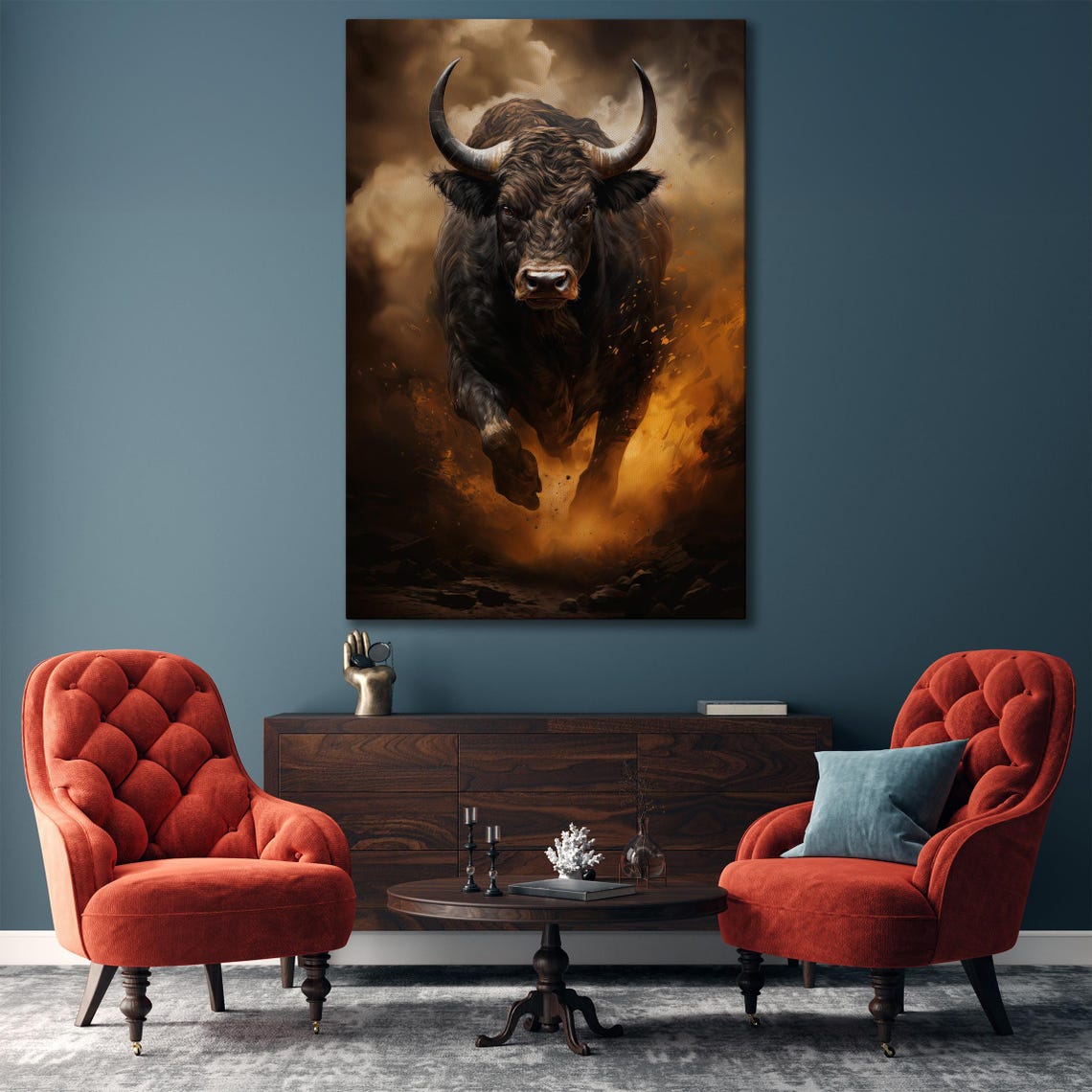 Charging Black Bull Dramatic Smoke Powerful Bovine Painting Poster - Image 2
