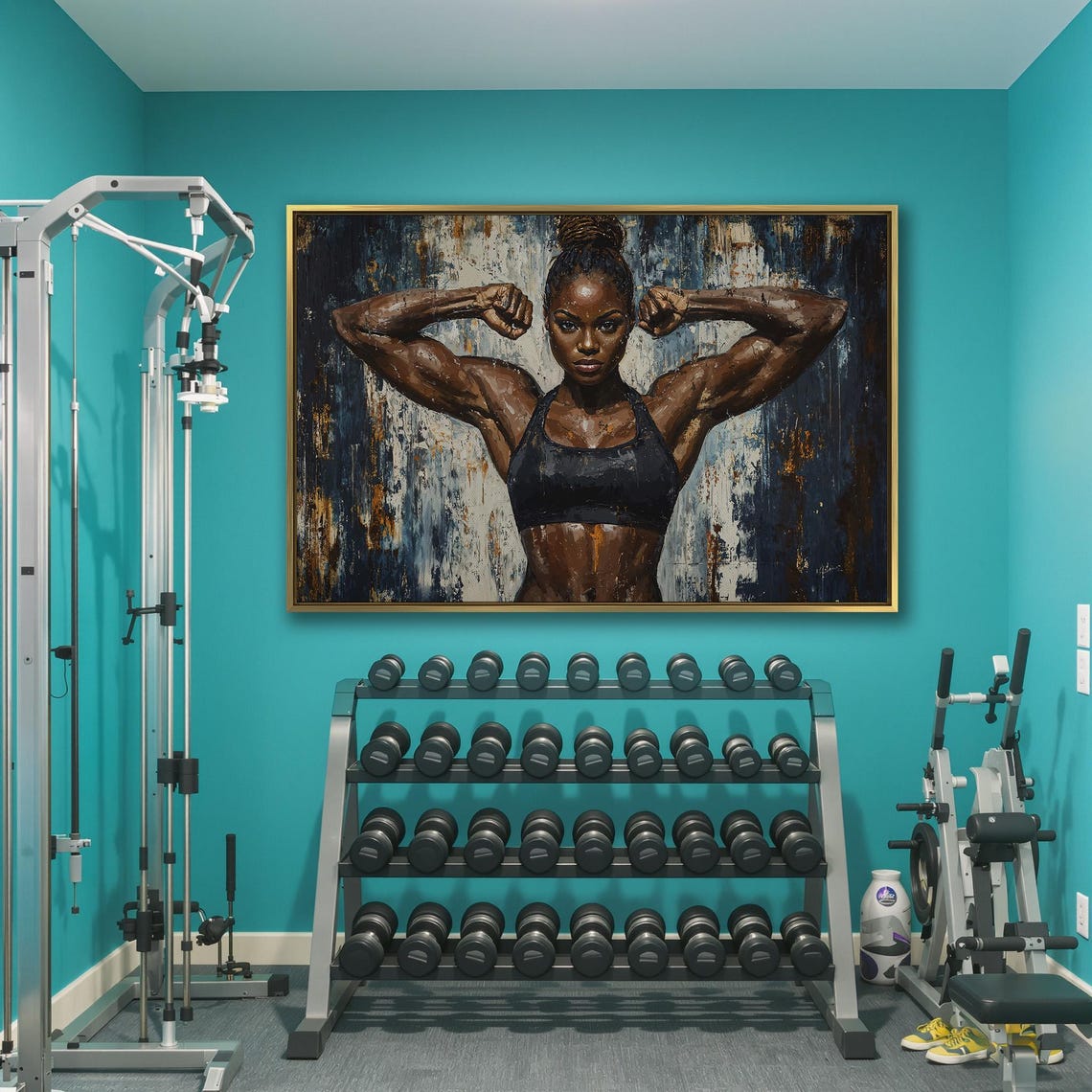 Athletic Woman Double Biceps Pose on Blue Gold Grunge Poster - Image 3
