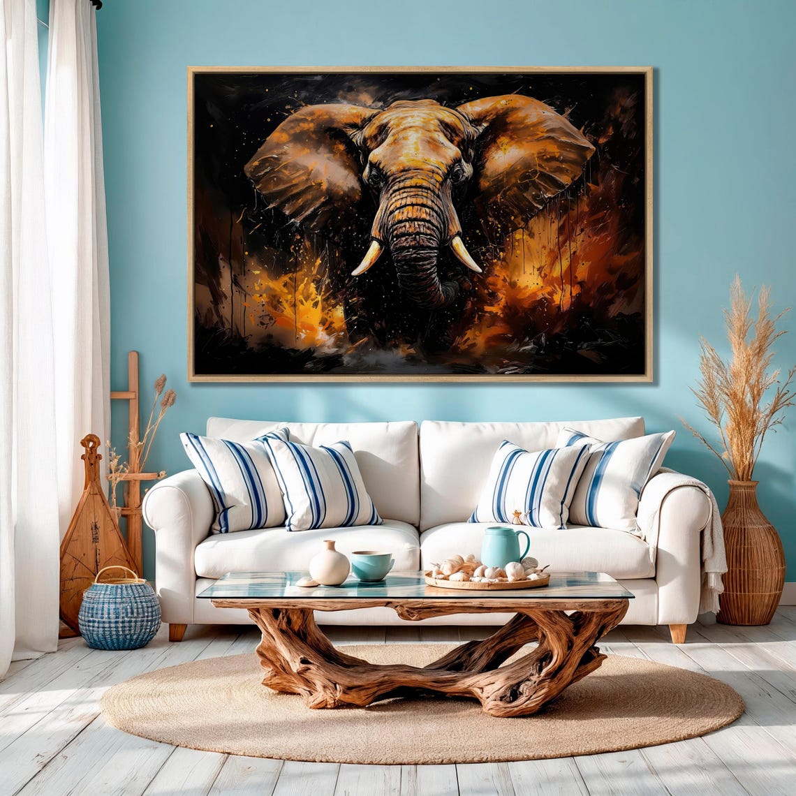 African Elephant Fiery Orange Brushstrokes Safari Portrait Wall Art - Image 3