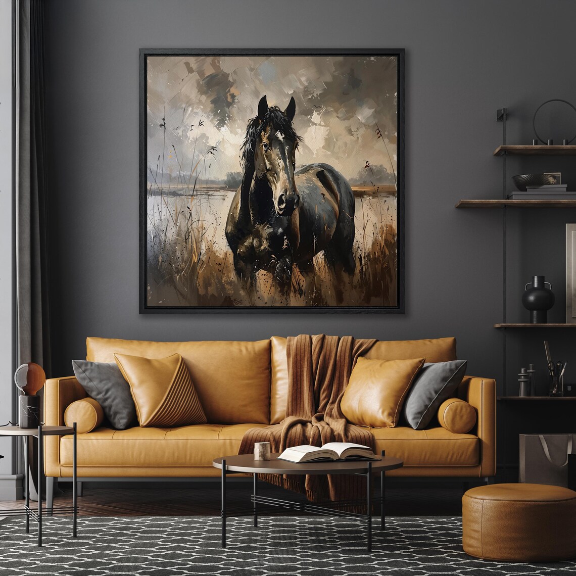 Dark Horse Standing In Misty Marsh Field Stormy Sky Watercolor Poster - Image 6