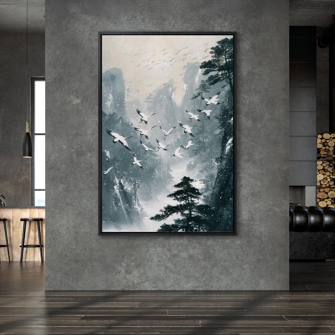 Japanese Cranes Flying Over Snowy Mountain In Ink Wash Style Poster - Image 5
