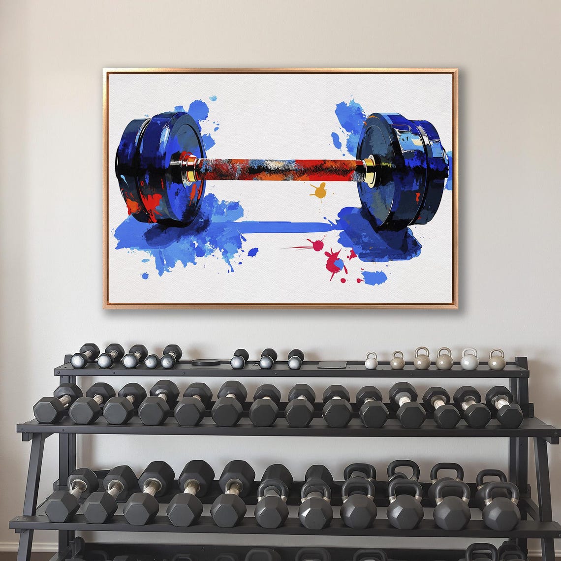 Dumbbell with Blue Plates and Red Bar on White Splatter Poster - Image 4