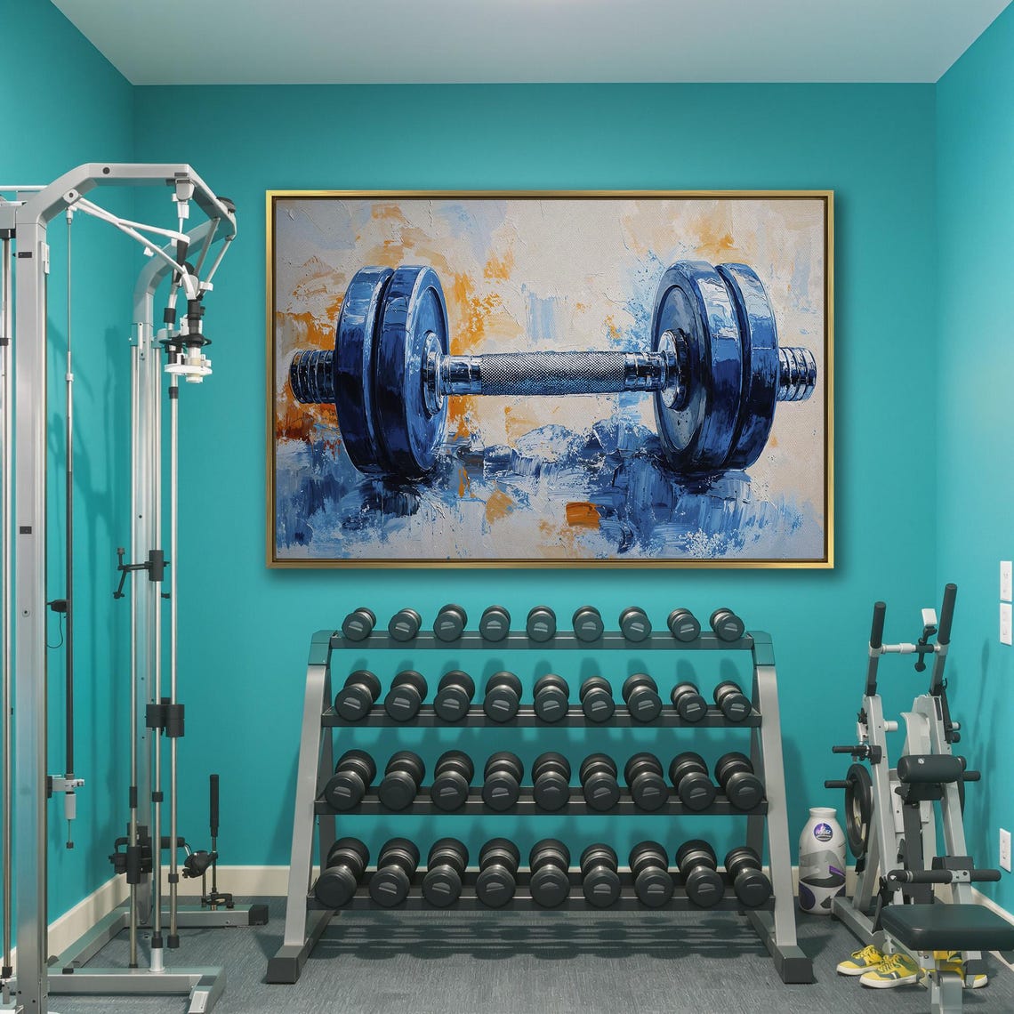 Blue Painted Dumbbell on Abstract Orange Splash Background Poster - Image 3