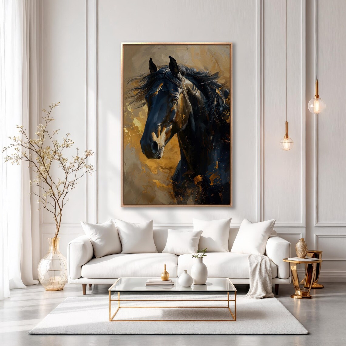 Black Horse Portrait Golden Abstract Background Equestrian Wall Art - Image 4